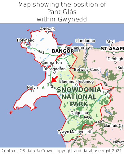 Map showing location of Pant Glâs within Gwynedd