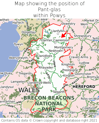 Map showing location of Pant-glas within Powys