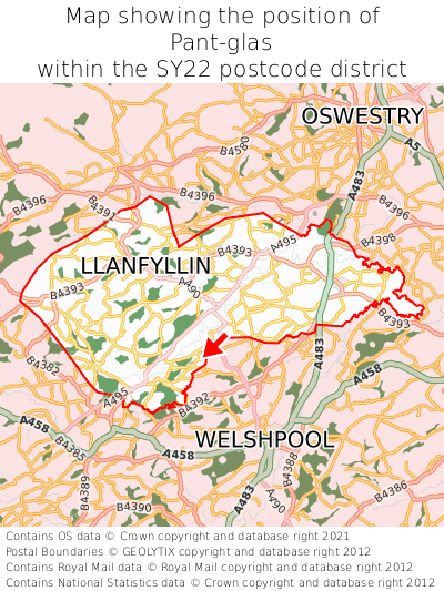 Map showing location of Pant-glas within SY22