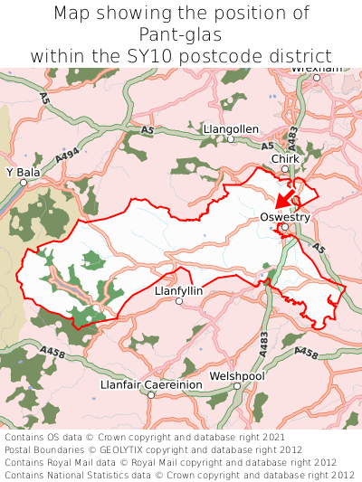 Map showing location of Pant-glas within SY10