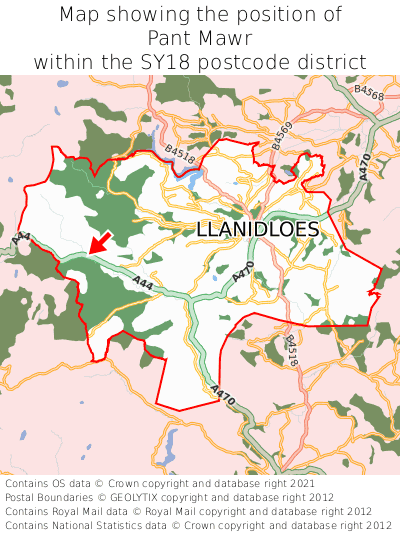 Map showing location of Pant Mawr within SY18