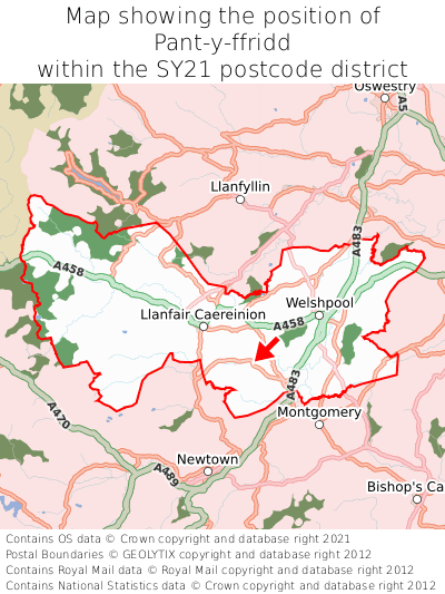 Map showing location of Pant-y-ffridd within SY21