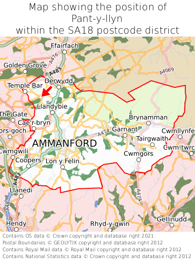 Map showing location of Pant-y-llyn within SA18