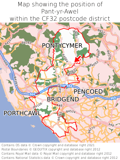 Map showing location of Pant-yr-Awel within CF32