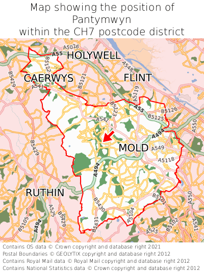 Map showing location of Pantymwyn within CH7