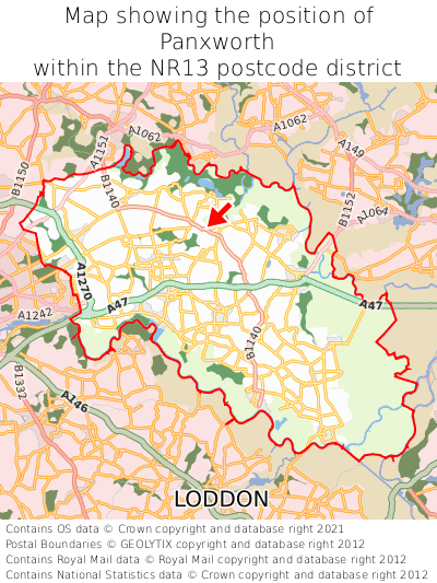 Map showing location of Panxworth within NR13