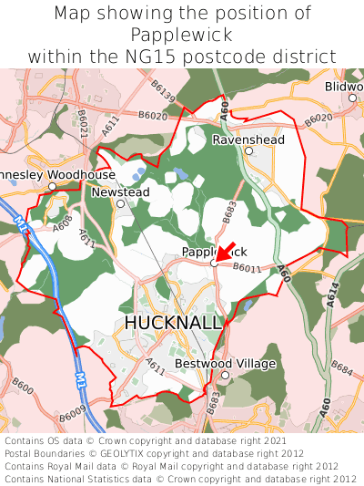 Map showing location of Papplewick within NG15