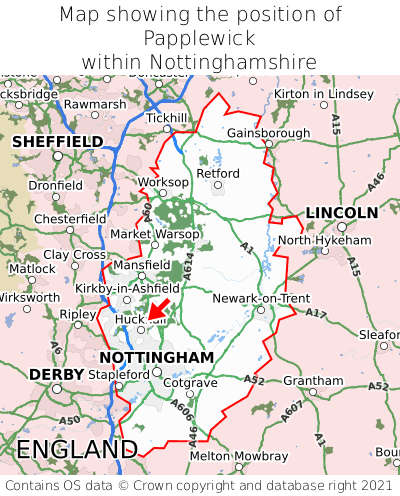 Map showing location of Papplewick within Nottinghamshire