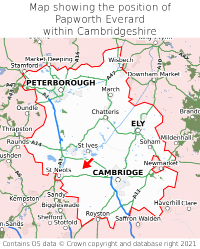Map showing location of Papworth Everard within Cambridgeshire