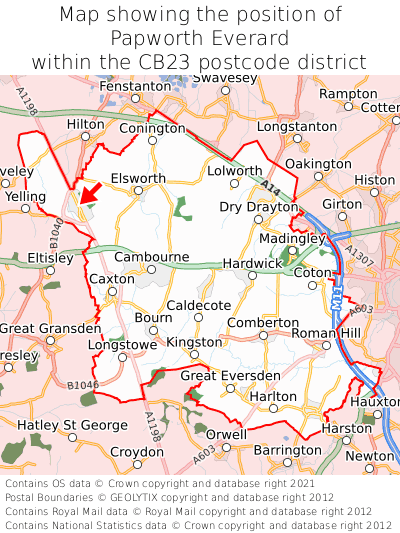 Map showing location of Papworth Everard within CB23