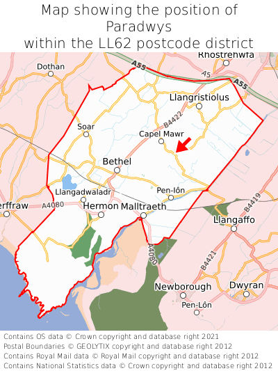 Map showing location of Paradwys within LL62