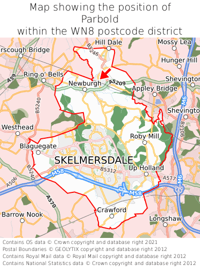 Map showing location of Parbold within WN8