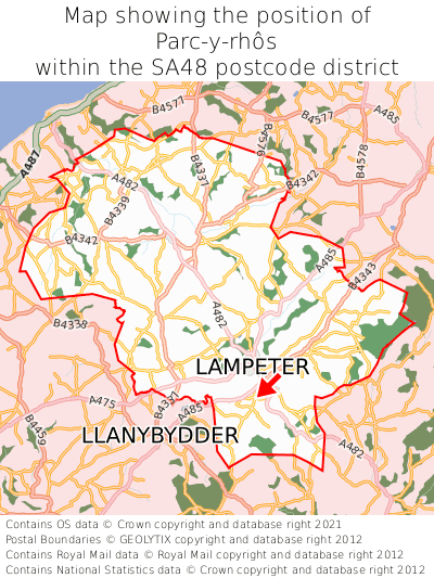Map showing location of Parc-y-rhôs within SA48