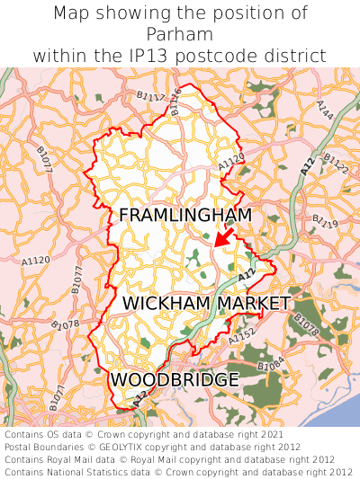 Map showing location of Parham within IP13