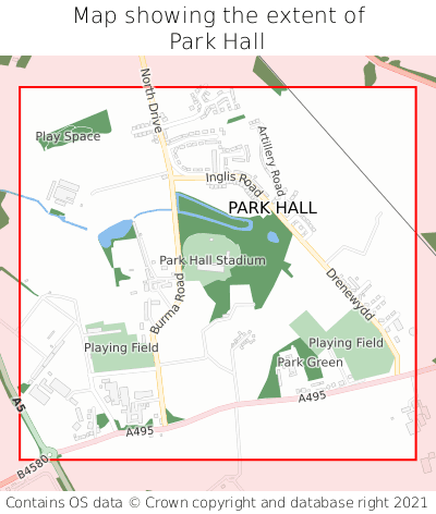 Map showing extent of Park Hall as bounding box