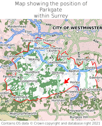 Map showing location of Parkgate within Surrey