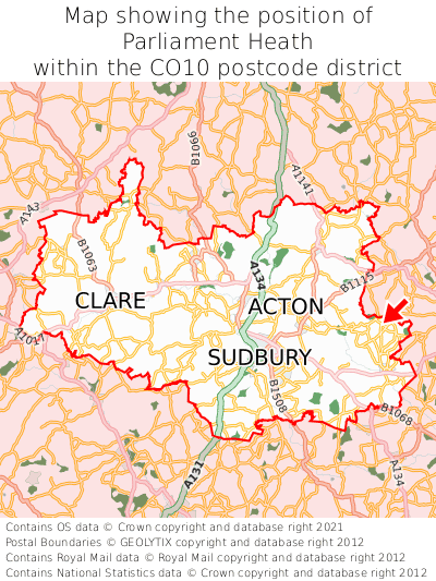 Map showing location of Parliament Heath within CO10