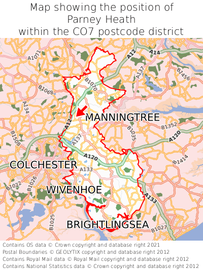 Map showing location of Parney Heath within CO7