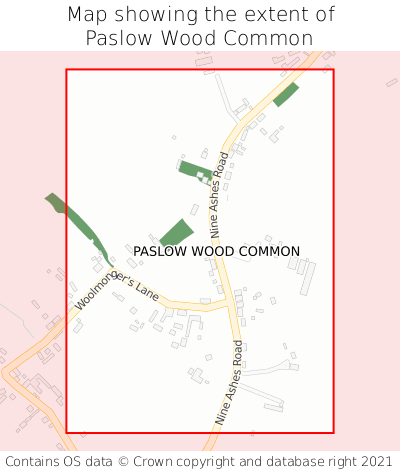 Map showing extent of Paslow Wood Common as bounding box
