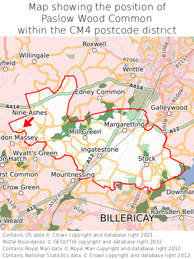 Map showing location of Paslow Wood Common within CM4