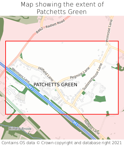 Map showing extent of Patchetts Green as bounding box
