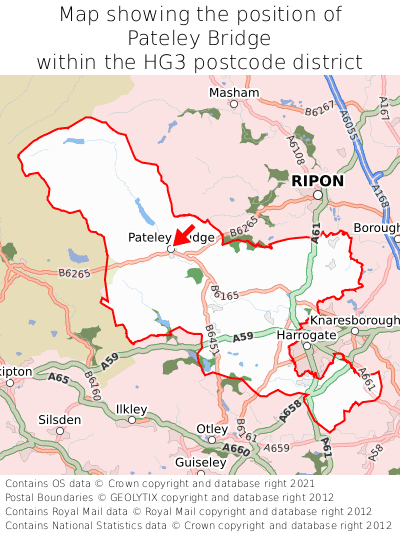 Map showing location of Pateley Bridge within HG3