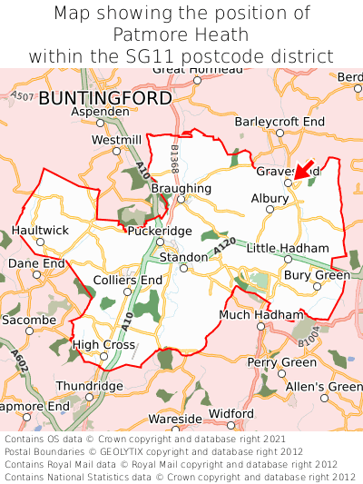 Map showing location of Patmore Heath within SG11