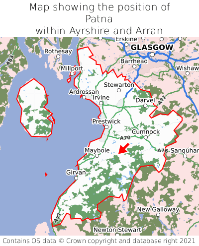 Map showing location of Patna within Ayrshire and Arran