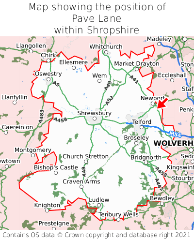 Map showing location of Pave Lane within Shropshire