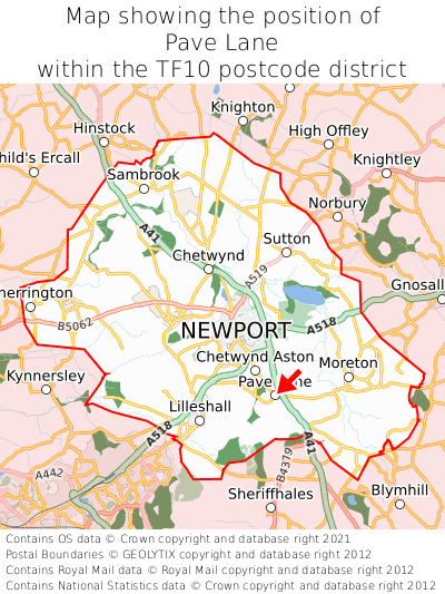 Map showing location of Pave Lane within TF10