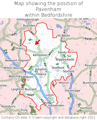 Map showing location of Pavenham within Bedfordshire