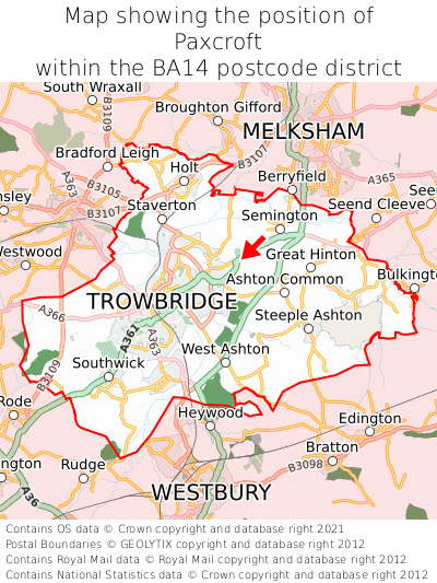 Map showing location of Paxcroft within BA14