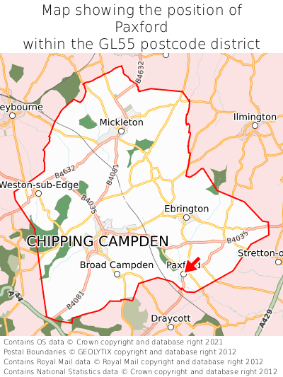 Map showing location of Paxford within GL55