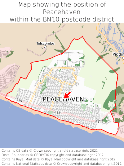 Map showing location of Peacehaven within BN10