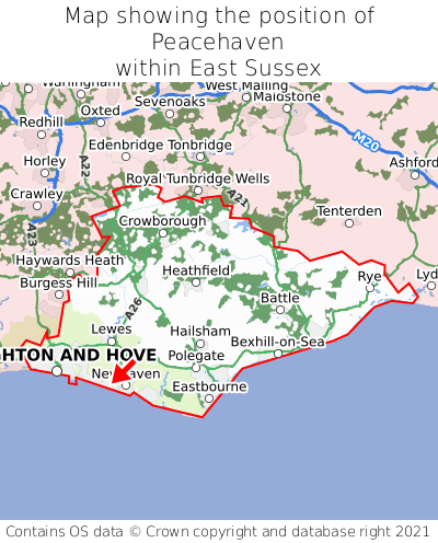 Map showing location of Peacehaven within East Sussex
