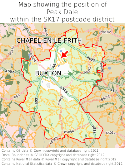 Map showing location of Peak Dale within SK17
