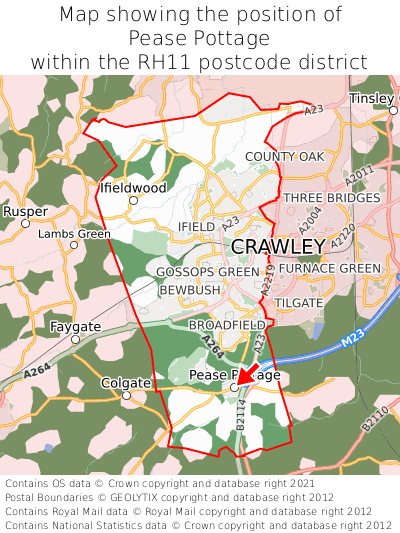 Map showing location of Pease Pottage within RH11