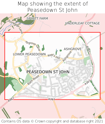 Map showing extent of Peasedown St John as bounding box