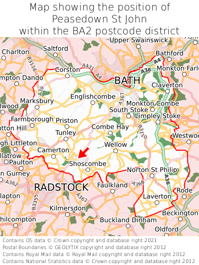 Map showing location of Peasedown St John within BA2