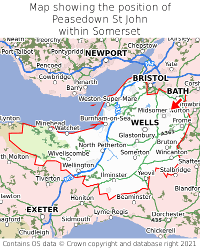 Map showing location of Peasedown St John within Somerset