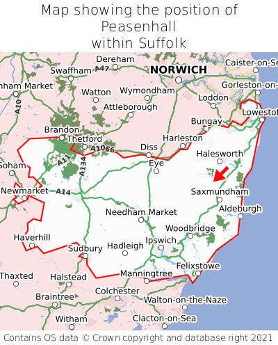 Map showing location of Peasenhall within Suffolk