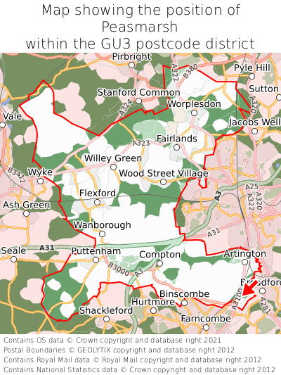 Map showing location of Peasmarsh within GU3