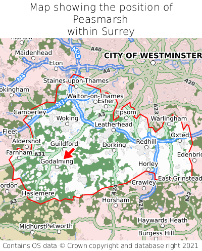 Map showing location of Peasmarsh within Surrey