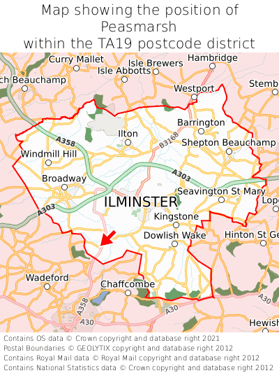 Map showing location of Peasmarsh within TA19