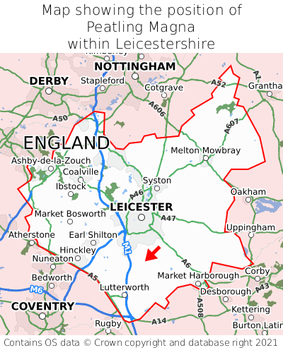 Map showing location of Peatling Magna within Leicestershire