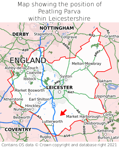 Map showing location of Peatling Parva within Leicestershire