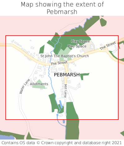 Map showing extent of Pebmarsh as bounding box