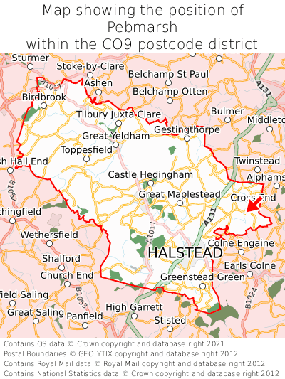 Map showing location of Pebmarsh within CO9