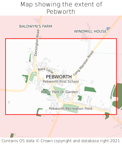 Map showing extent of Pebworth as bounding box