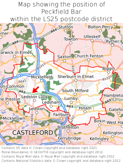 Map showing location of Peckfield Bar within LS25